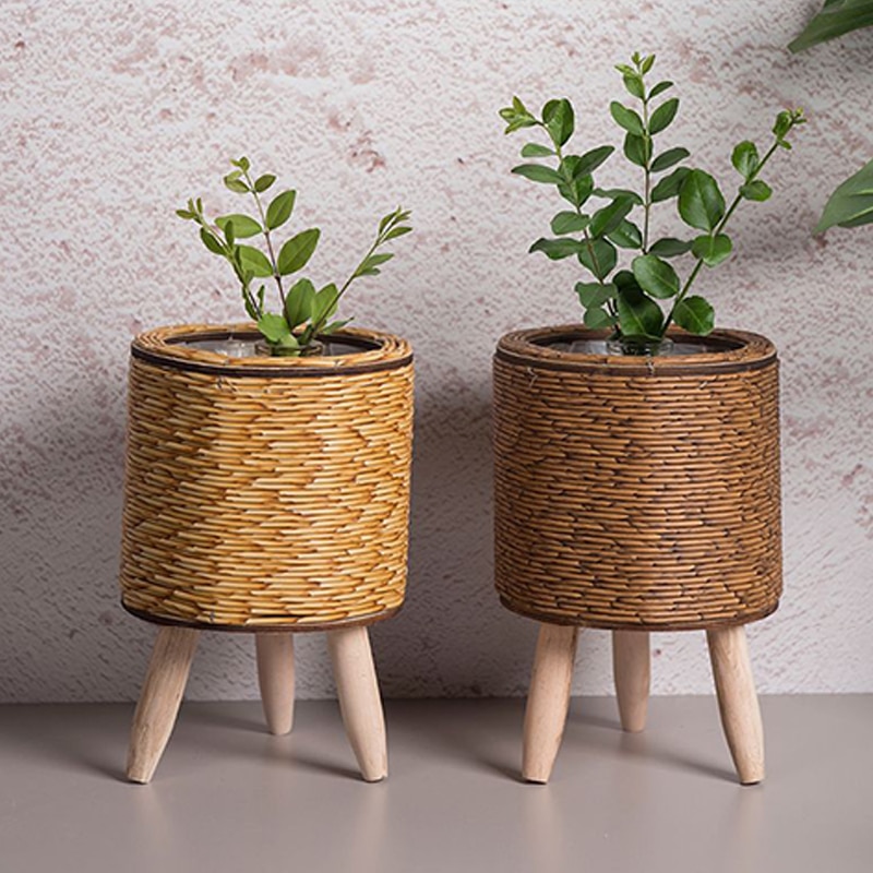 Nordic Style Floor Woven Storage Basket With Wooden Legs Plant Pot Stand Holder Planter Imitation Rattan